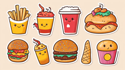 Fast food retro stickers, cute vintage labels. Funny characters of pizza, burger, french fries, hot dog, donut, croissant, ice cream, cola and cake, vector cartoon set in y2k style