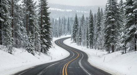 Scenic Winter Road Winding Through Snowy Pine Forest path cold trees white image drive nature travel