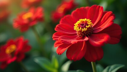 Obraz premium In-depth look at the intricate details of Zinnia elegans flowers, garden, red