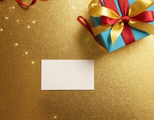 A vibrant blue gift box with a red and gold ribbon next to a blank greeting card on a sparkling golden background.
