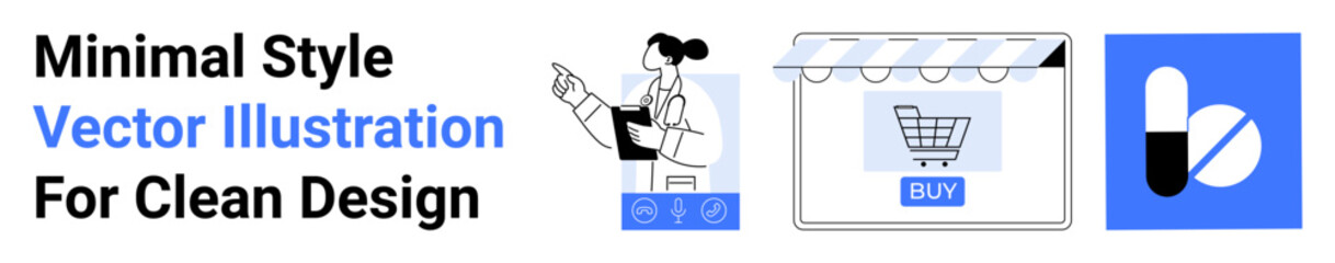 Pharmacist presenting products, storefront with shopping cart, and pill icons represent online pharmacy and e-commerce. Ideal for healthcare, e-commerce, shopping, pharmacy, technology, education
