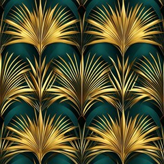 Tropical seamless pattern featuring golden palm leaves on a deep green background ideal for fabrics or wallpapers