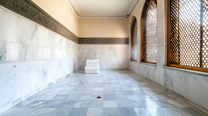 Empty Interior With Marble Walls and Floors Decorative Windows Creating Geometric Patterns