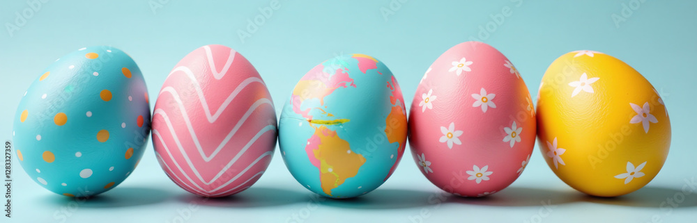 Poster A Vibrant Display Of Colorfully Decorated Easter Eggs In A Single Row Adds Festive Charm To Any Table Setting Easily. 00001
