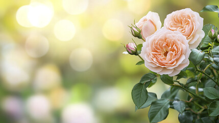 Elegant floral banner with pastel pink roses and green leaves