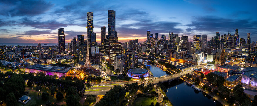 Aerial panoramic image of Melbourne Victoria Australia at sunset