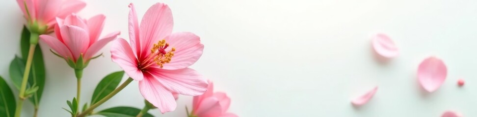 Fototapeta premium Soft pink flower petals against a white and green leafy background, floral, nature
