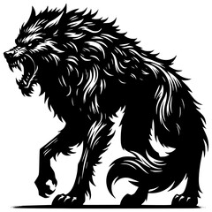 Obraz premium Roaring Wolf Silhouette: A powerful and intimidating black and white silhouette of a snarling wolf, showcasing its fierce expression and sharp teeth.