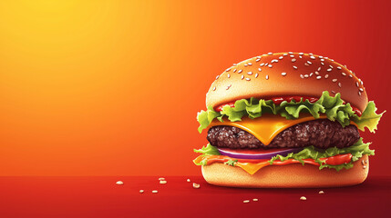 International Burger Day, classic burger with thick juicy beef patty, melted cheese, fresh lettuce, sliced tomato and onion, golden brioche bun with sesame seeds on top