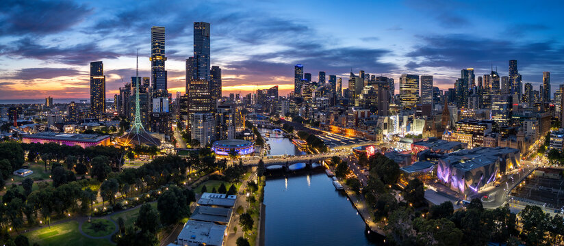 Aerial panoramic image of Melbourne Victoria Australia at sunset
