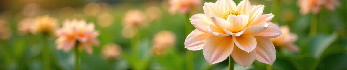 Fototapeta premium Soft peach petals surrounding delicate cream-colored dahlia flowers in a lush garden, blooms, colors
