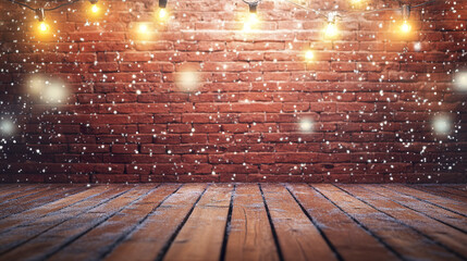 Festive red brick wall with wooden floor and glowing lights
