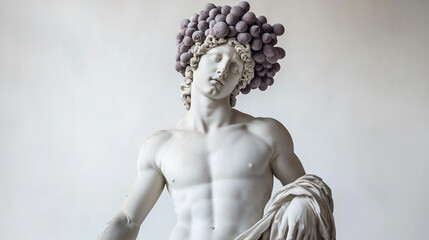 Fototapeta premium A stunning marble statue of a muscular figure adorned with a headdress of grapes, embodying elegance and classical artistry in a minimalist setting.