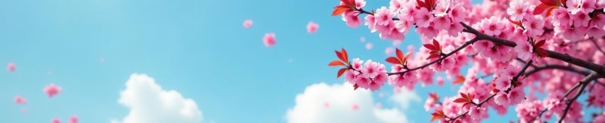 Obraz premium Blue-gray sky with pink and red cherry blossom branches in the foreground, leaf, nature, sky