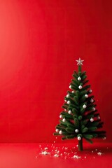 Red background with a minimalist Christmas tree and subtle snowflakes, Serene Scene, Simple Decoration
