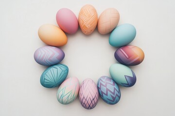 Fototapeta premium Celebrate Easter with beautifully decorated pastel eggs arranged in a circular pattern for festive spring activities