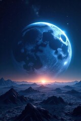 Blue terrestrial globe in the foreground of lunar horizon, astronomy, galaxies