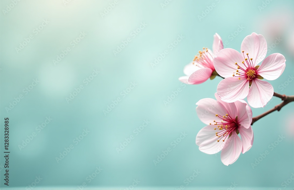 Poster a subtle teal background features soft pinkish cherry blossoms in a simple yet elegant design. 00002