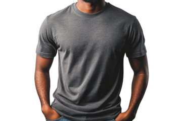 Man in gray shirt stands confidently