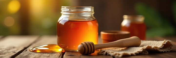Wooden stick rests on table beside a glass jar of sweet, dark honey, stick, rest, warm