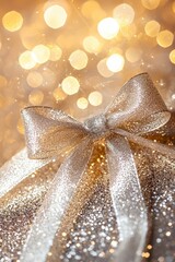 Shiny silver glitter gift bow atop a sparkling background