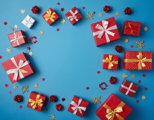 A beautiful arrangement of festive gift boxes on a blue background, showcasing Christmas spirit.