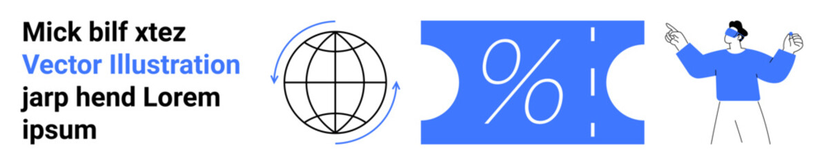 Globe outline, percentage sign on coupon, person pointing with enthusiasm. Ideal for sales, discounts, global commerce, deals, promotions marketing excitement. Abstract line flat metaphor