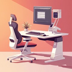 Obraz premium Stylish modern workspace with ergonomic chair and computer setup for productivity.