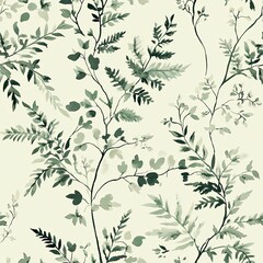 Fototapeta premium Seamless botanical pattern featuring various green leaves and foliage on a light background for interior design and textiles