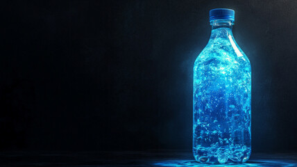 A bottle of water is lit up with blue light
