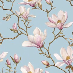 Obraz premium Seamless floral pattern featuring magnolia blossoms on a soft blue background, ideal for textile design and home decor