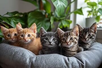 A group of adorable kittens of different colors sitting in a cozy pet bed, surrounded by green plants, looking curiously at the camera

