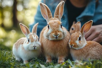 Obraz premium A rabbit family in the grass with a blurred background and a person in the distance, creating a scene of natural harmony