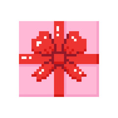 Obraz premium Pink gift box with red bow in pixel style. Hand drawn vector illustration.