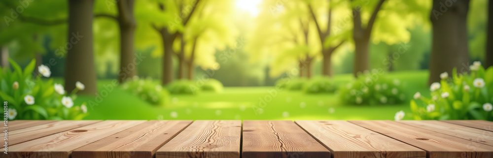 Poster A Serene Spring Setting Features An Empty Wooden Table In The Foreground Of A Lush Green Landscape. 00002