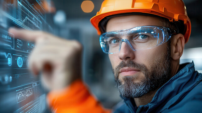 focused engineer wearing safety gear interacts with digital interface in high tech workspace, analyzing holographic financial charts