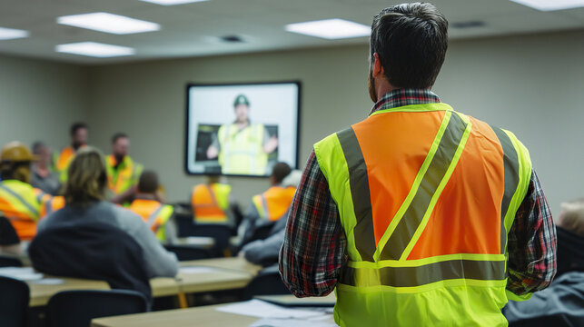 Workers watching safety video in training room