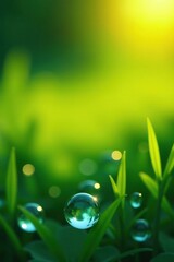 Yellow and azure glistening dew drops on grass, shiny, liquid, drop