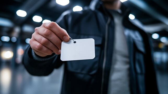 Blank Identification Card Held by Person in Dark Jacket with Industrial Background Lighting