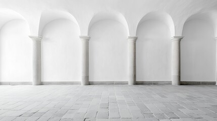 Minimalist Interior Space with Elegant Arches and Columns in Bright White Walls