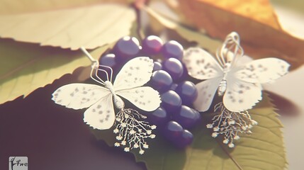 White Butterflies on Grapes, Autumn Leaves