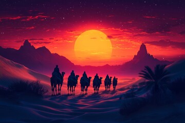 Naklejka premium Travelers guiding camels across desert dunes at sunset in a mystical landscape