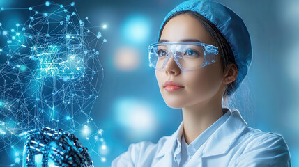 scientist in lab coat and safety glasses examines digital network hologram, symbolizing innovation and technology. futuristic setting highlights advanced research and development