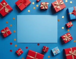 Colorful gift boxes on a vibrant blue background with space for a holiday message.