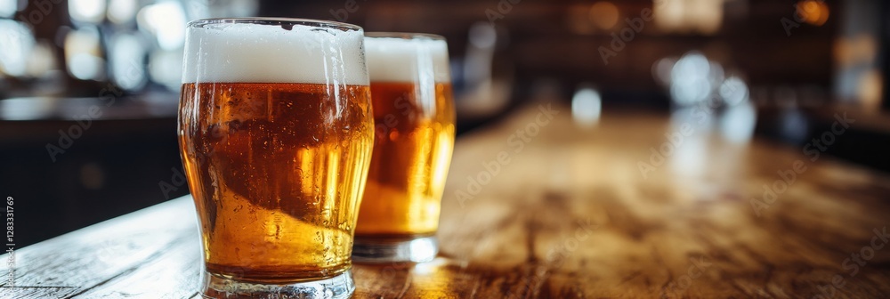 Poster Craft beer served in two glasses on a rustic wooden bar during a bustling evening at a local brewery. Generative AI