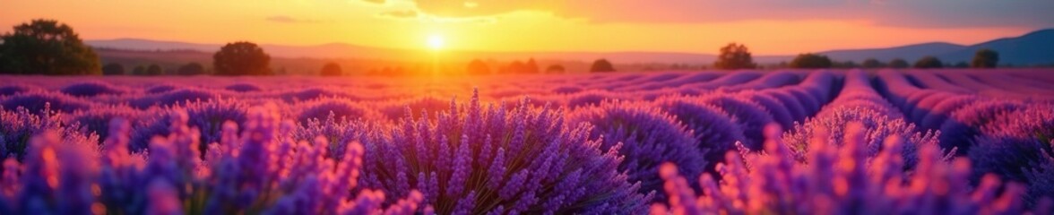 Soft lavender fields bathed in warm sunset light, countryside, orange, field