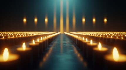 National Day of Prayer, candles lit in long rows forming a symbol of prayer, warm light glowing softly in a dimly lit room