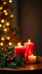 Wooden table and candles with a golden christmas background, background, christmas, festive decor