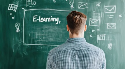 A man stands in front of a chalkboard, focused on the term "E-learning," surrounded by various icons suggesting digital communication and education.