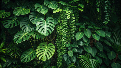 Fototapeta premium Tropical Lush: A dense and vibrant arrangement of diverse tropical plants with varying shades of green and intricate leaf patterns.